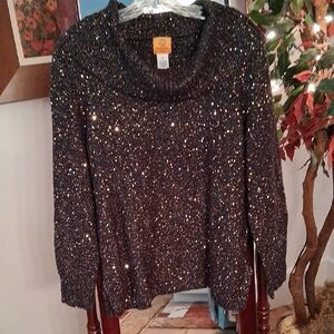 Ruby Rd. Black and Gold Sparkle Cowl Neck Sweater